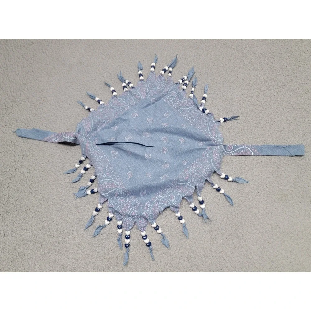 Floral Headscarf Scarf Lot Of 2 Womens Blue Lace Beaded Heart Tassel‎ Trim